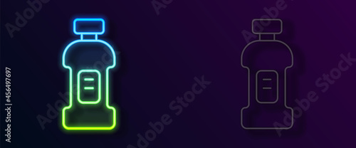 Glowing neon line Plastic bottle for laundry detergent, bleach, dishwashing liquid or another cleaning agent icon isolated on black background. Vector