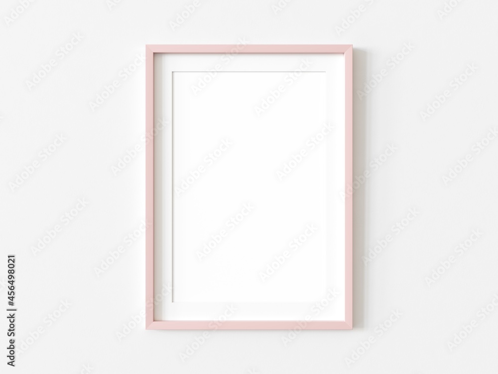 Single rectangular pink picture frame against white wall. Empty template for adding your content. 3D illustration. Single rectangular pink picture frame against white wall. Empty template for adding your content. 3D illustration.