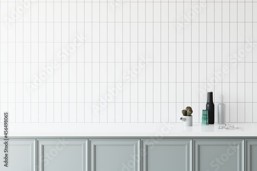 Empty space on row of grey cabinets for displaying your product. White tiled wall. 3D illustration.