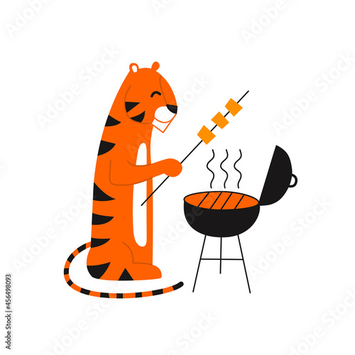 Tiger in cartoon style. Happy New Year 2022. Chinese horoscope. Vector isolated illustration. Spring summer fall outdoor activities. BBQ barbecue grill picnic party with skewers. Design template