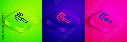 Isometric line Garden hose icon isolated on green, blue and pink background. Spray gun icon. Watering equipment. Square button. Vector