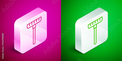 Isometric line Garden rake icon isolated on pink and green background. Tool for horticulture, agriculture, farming. Ground cultivator. Housekeeping equipment. Silver square button. Vector