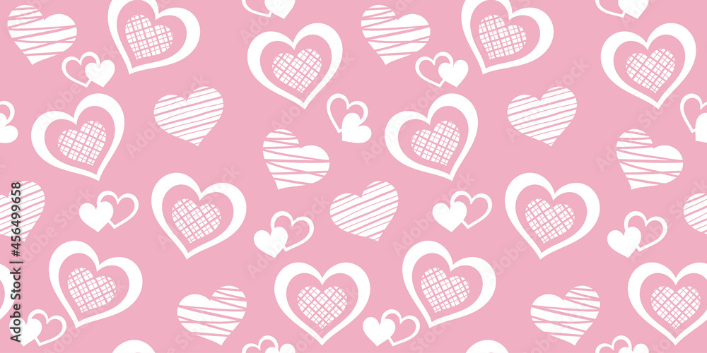Endless texture with different white hearts on a pink background. Vector seamless pattern for wallpaper, wrapping paper, wrapper, giftwrap, surface texture, print. Design template for Valentine`s day Endless texture with different white hearts on a pink background. Vector seamless pattern for wallpaper, wrapping paper, wrapper, giftwrap, surface texture, print. Design template for Valentine`s day