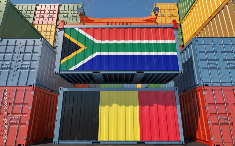 Fototapeta premium Freight containers with Belgium and South Africa national flags. 3D Rendering 