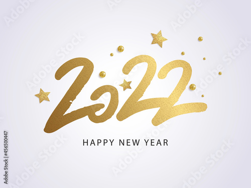 Happy New Year 2022. Vector holiday illustration with 2022 logo text design, sparkling confetti and shining golden stars on white background.
