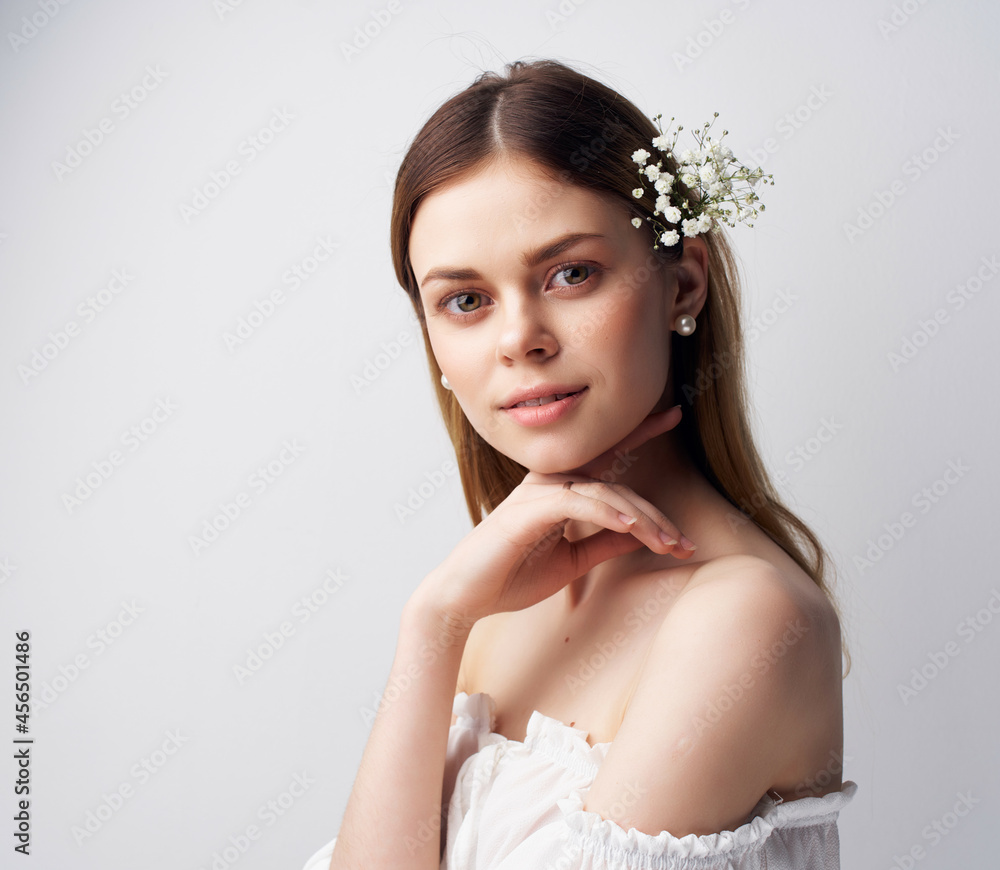 woman bright makeup White dress isolated background