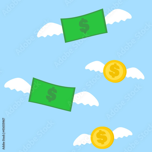 Money and coins dollar with wings flying in the sky. Lost money or business concept.Economy, finance and banknotes.Cashless society or debt concept.Sign, symbol, icon or logo.Vector illustration.