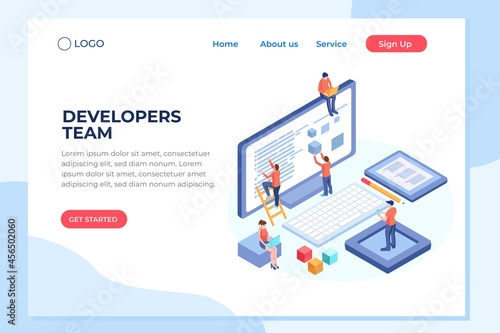Engineer team at project development, template for developer. Coding develop,  programmer at computer or workstation for business. Concept with character, flat isometric vector illustration