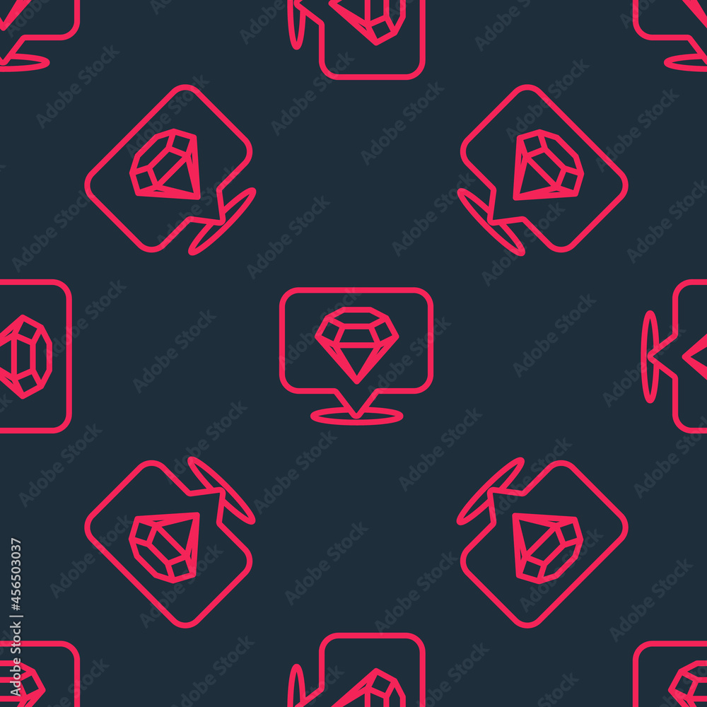 Red line Diamond icon isolated seamless pattern on black background. Jewelry symbol. Gem stone. Vector Red line Diamond icon isolated seamless pattern on black background. Jewelry symbol. Gem stone. Vector