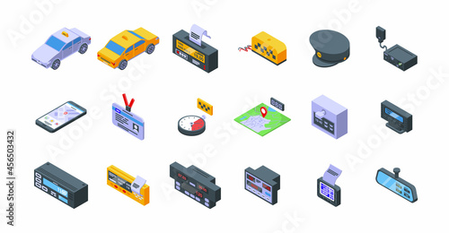 Taximeter icons set isometric vector. Auto trip. Taxi accessory