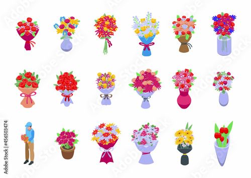Bouquet icons set isometric vector. Flower basket. Vase bunch