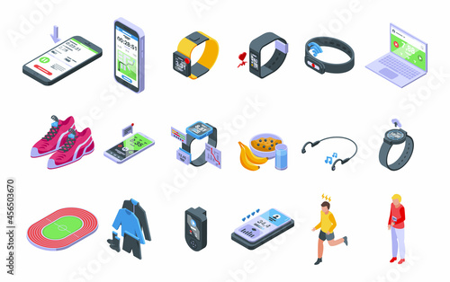 Runner app icons set isometric vector. Chart activity. Body data