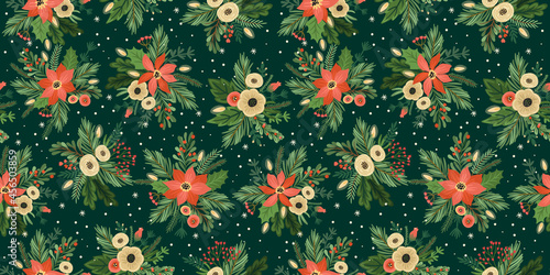 Christmas and Happy New Year seamless pattern. Christmas tree, flowers, berries. New Year symbols.