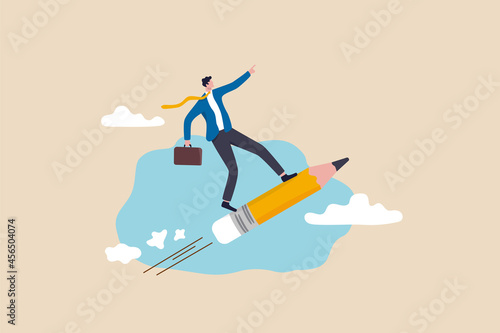 Creativity idea lead the way, education or knowledge help career development, writing skill or artist mindset concept, smart businessman riding pencil rocket flying high into the sky.