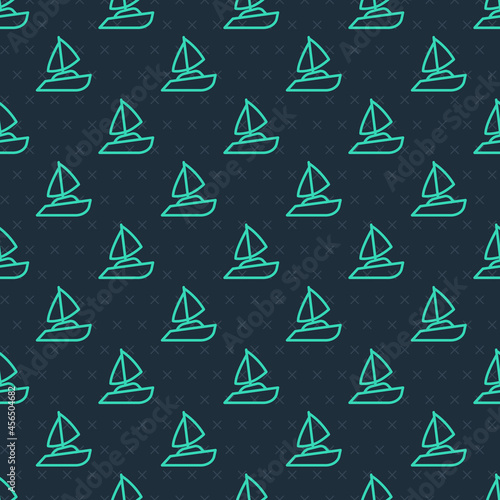 Green line Yacht sailboat or sailing ship icon isolated seamless pattern on blue background. Sail boat marine cruise travel. Vector
