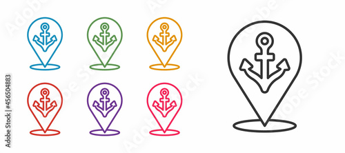 Set line Map pointer with anchor icon isolated on white background. Set icons colorful. Vector