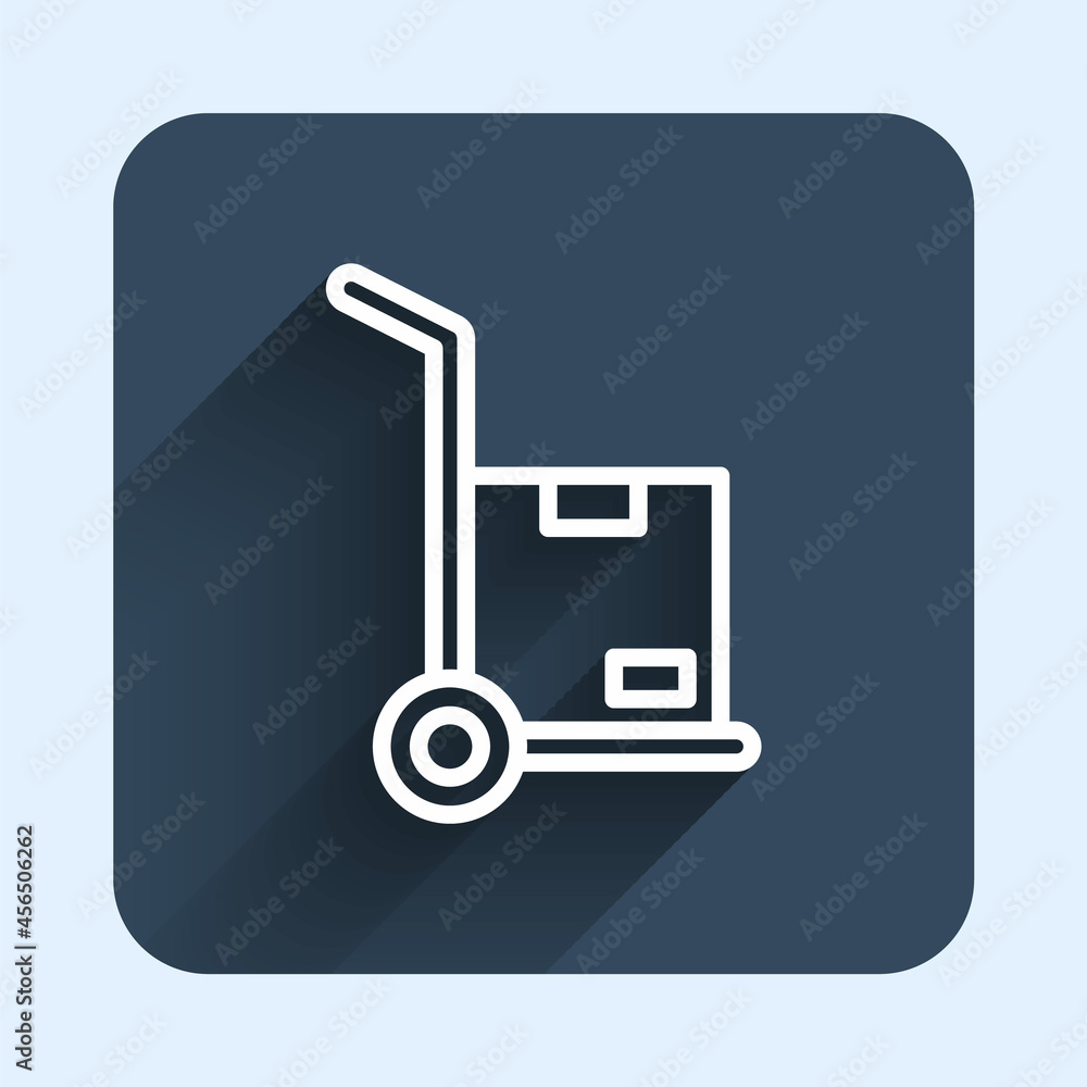 White line Hand truck and boxes icon isolated with long shadow background. Dolly symbol. Blue square button. Vector White line Hand truck and boxes icon isolated with long shadow background. Dolly symbol. Blue square button. Vector