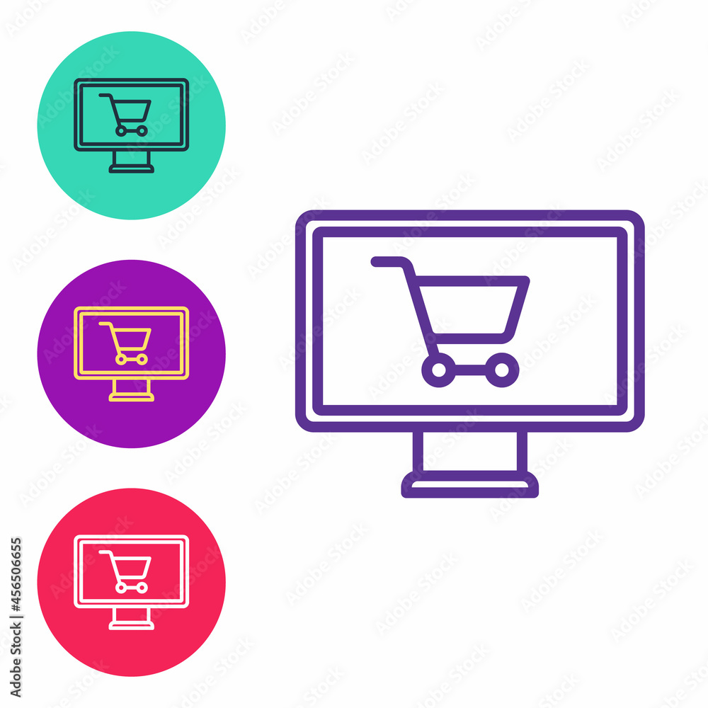 Set line Shopping cart on monitor icon isolated on white background. Concept e-commerce, e-business, online business marketing. Set icons colorful. Vector Set line Shopping cart on monitor icon isolated on white background. Concept e-commerce, e-business, online business marketing. Set icons colorful. Vector