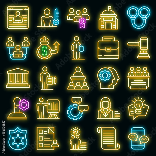 Authority icons set. Outline set of authority vector icons neon color on black