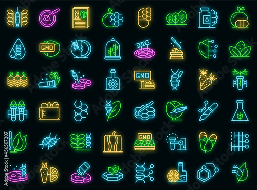 Gmo food icons set. Outline set of gmo food vector icons neon color on black