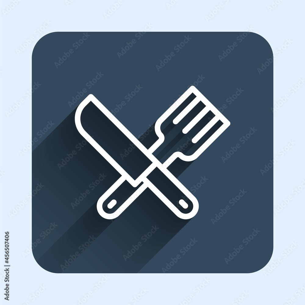 White line Crossed knife and fork icon isolated with long shadow background. Cutlery symbol. Blue square button. Vector White line Crossed knife and fork icon isolated with long shadow background. Cutlery symbol. Blue square button. Vector
