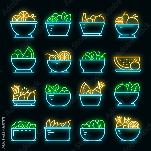 Fruit salad icons set. Outline set of fruit salad vector icons neon color on black