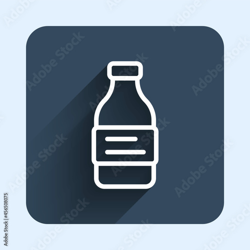 White line Bottle of water icon isolated with long shadow background. Soda aqua drink sign. Blue square button. Vector