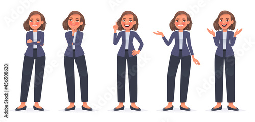 Business woman character set. A cute girl in a suit, a secretary or an employee of a company gestures and expresses emotions