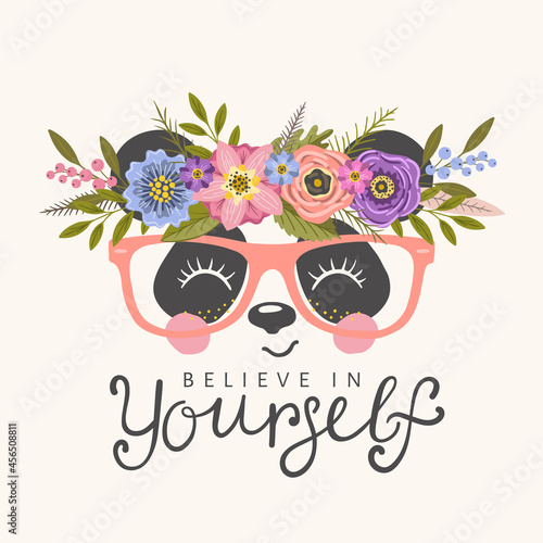 Panda face with floral wreath, glasses, smile for t-shirt graphics, fashion prints and other uses