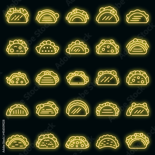 Tacos icons set. Outline set of tacos vector icons neon color on black