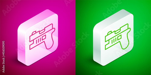 Isometric line Futuristic space gun blaster icon isolated on pink and green background. Laser Handgun. Alien Weapon. Silver square button. Vector