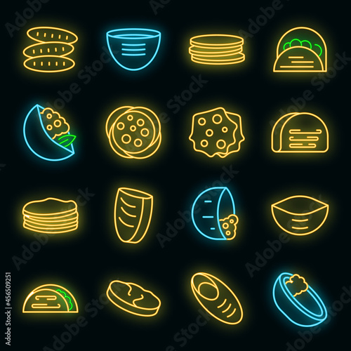 Pita bread icons set. Outline set of pita bread vector icons neon color on black
