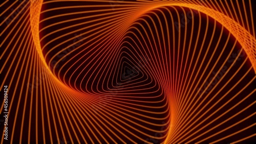Abstract background with triangles transforming on black background. Minimal motion design with optical illusion with triangles, seamless loop. Orange triangles.