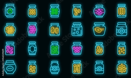 Pickled products icons set. Outline set of pickled products vector icons neon color on black