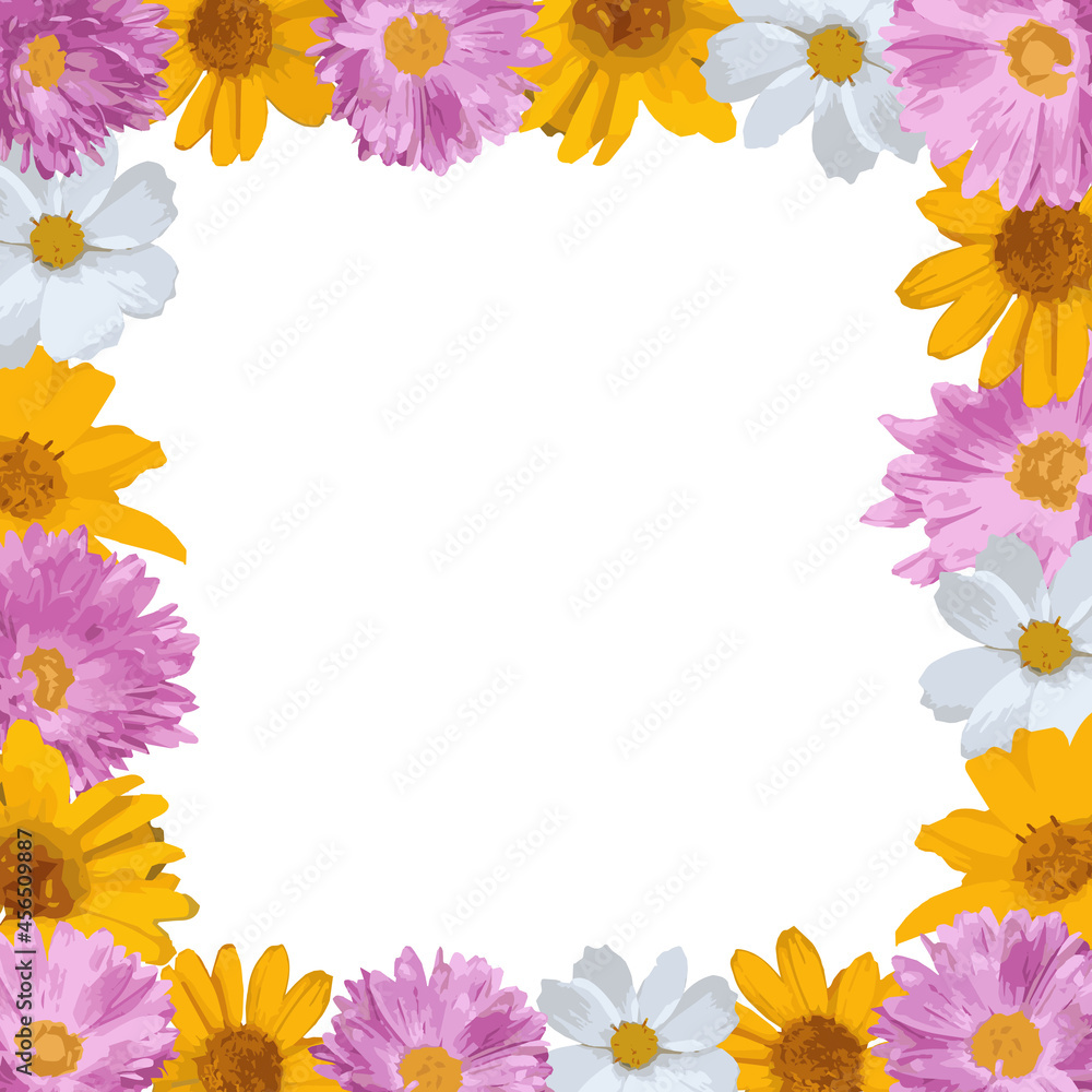 Flowers square frame. Square template for social media posts, mobile apps, banner design, photo and online advertising. Pink, purple, yellow, white flowers. Decorative frame. Vector illustration. Flowers square frame. Square template for social media posts, mobile apps, banner design, photo and online advertising. Pink, purple, yellow, white flowers. Decorative frame. Vector illustration.