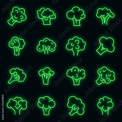Broccoli icons set. Outline set of broccoli vector icons neon color on black