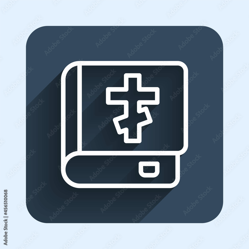 White line Holy bible book icon isolated with long shadow background. Blue square button. Vector White line Holy bible book icon isolated with long shadow background. Blue square button. Vector