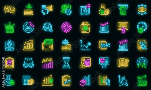 Market forecast icons set. Outline set of market forecast vector icons neon color on black