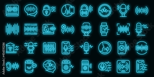 Speech recognition icons set. Outline set of speech recognition vector icons neon color on black