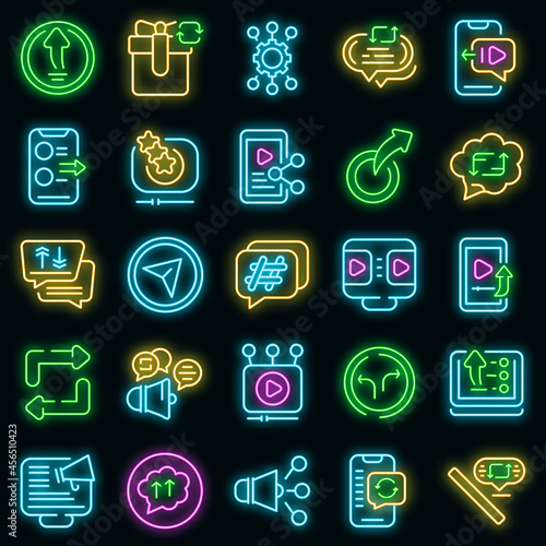 Repost icons set. Outline set of repost vector icons neon color on black