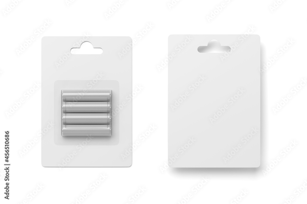 AAA batteries in blister pack isolated on white. 3D rendering. - obrazy, fototapety, plakaty 