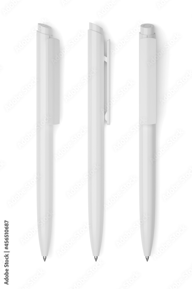 Three white ballpoint pens isolated. 3D rendering illustration. Three white ballpoint pens isolated. 3D rendering illustration.