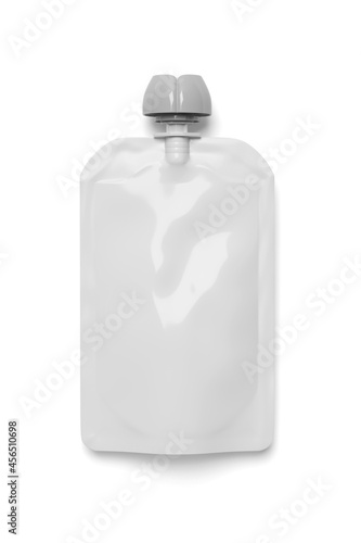 White empty plastic pouch for baby food mock-up isolated on white. 3d rendering. photo