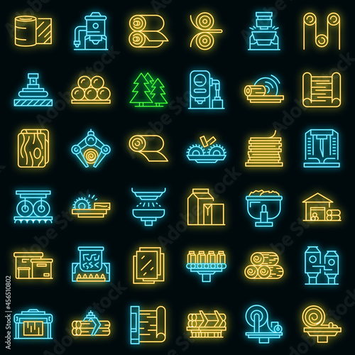 Paper production icons set. Outline set of paper production vector icons neon color on black