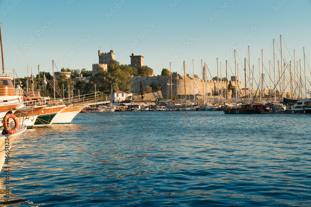 Obraz premium Famous historical Bodrum Castle and Bodrum marina. Muğla TURKEY