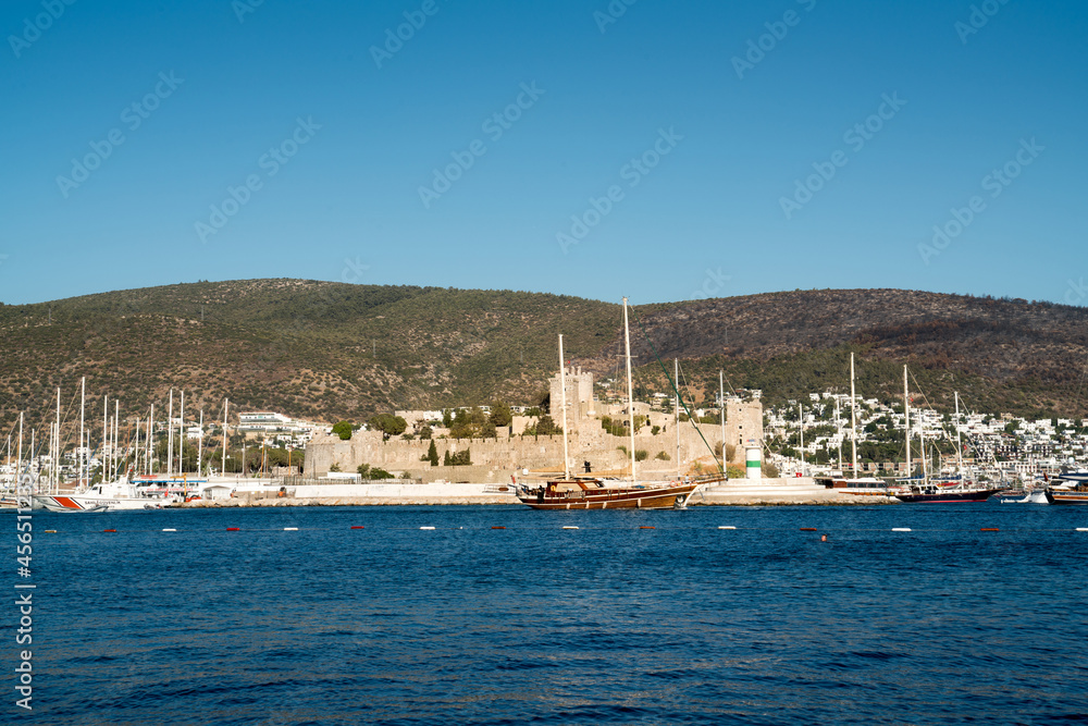 Famous historical Bodrum Castle and Bodrum marina. Muğla TURKEY