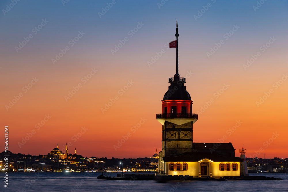Sunset over Bosphorus with famous Maiden's Tower. Istanbul, Turkey