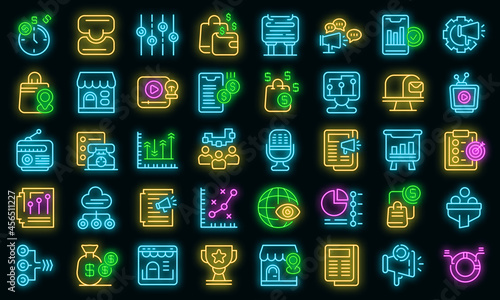 Marketing mix icons set. Outline set of marketing mix vector icons neon color on black