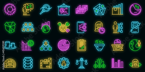 Market segmentation icons set. Outline set of market segmentation vector icons neon color on black