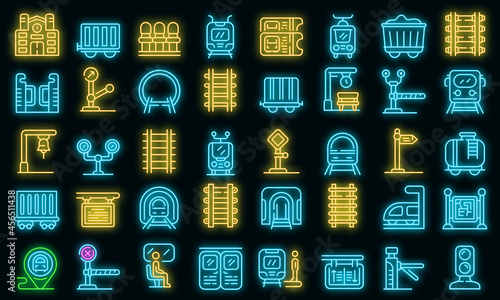 Railway platform icons set. Outline set of railway platform vector icons neon color on black